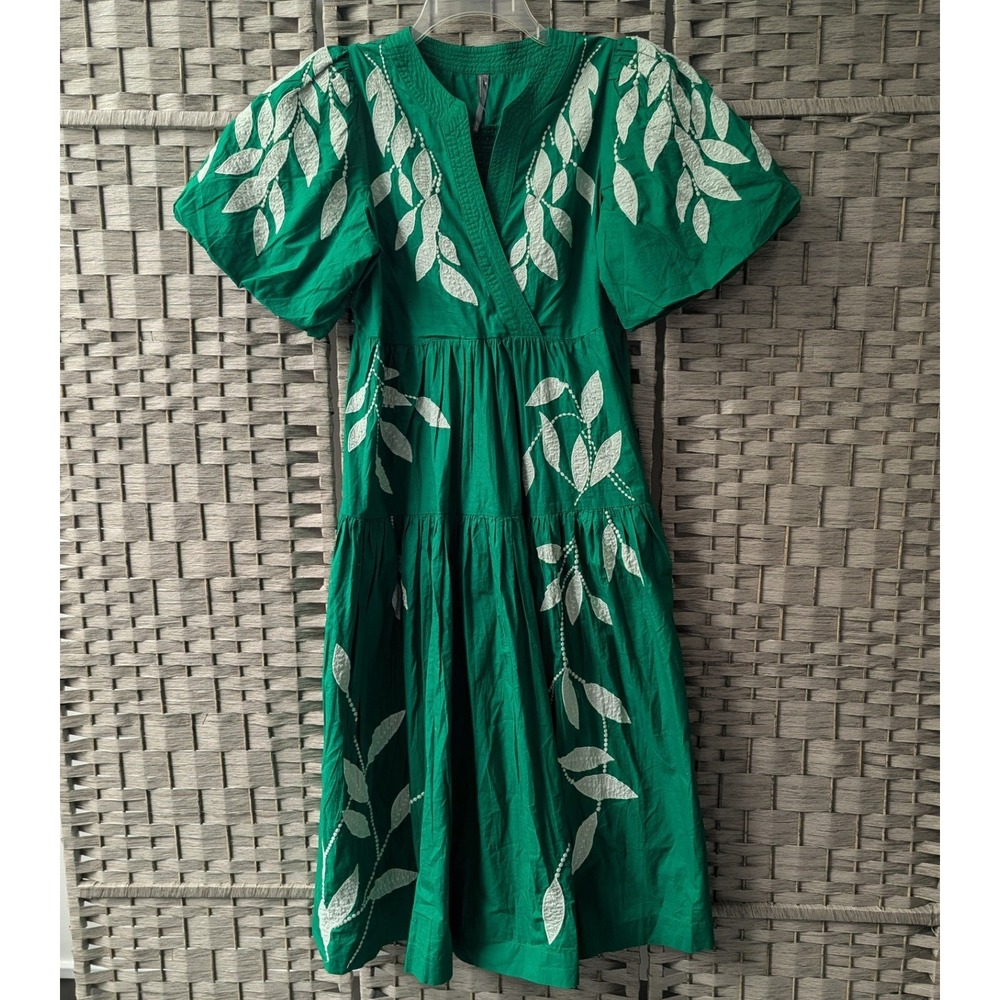 Anthropologie Midi Dress Green Leaf Embroidered Puff Sleeve LP Boho Romantic